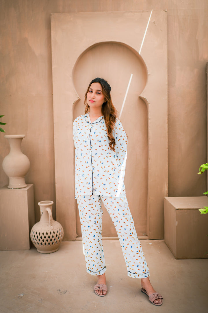 WHITE MULTI BUTTERFLIES PJ Set